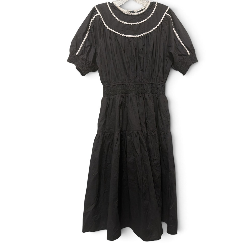 VICI Black Cotton Smocked Waist Crochet Trim Tiered Midi Dress XL RN131468